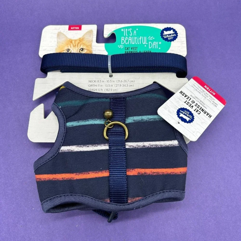 NWT Whisker City Cat Vest Harness & Leash - Navy Blue w/ Stripes - Size Kitten